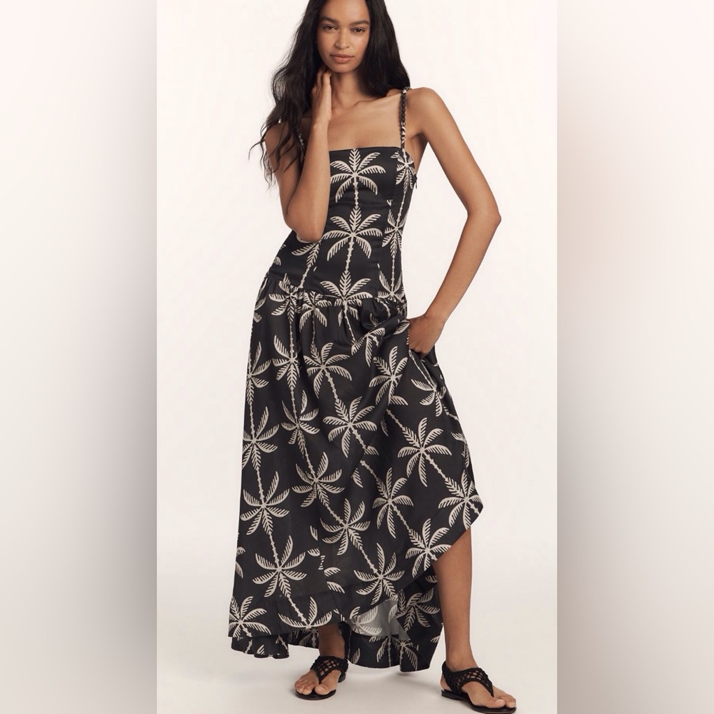 Black Palm-Print Maxi Dress - Casual Beach Sundress